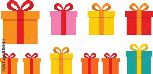 Colorful gift box set with ribbon bows, flat vector illustration, festive birthday presents, holiday packaging collection, isolated white background