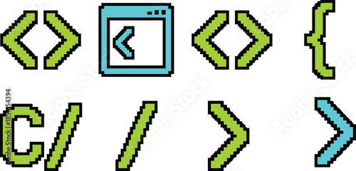 Pixel art coding symbols icon set, programming brackets and code elements, retro developer interface graphics, software concept, isolated white background
