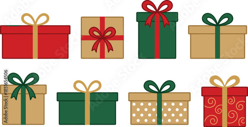 Christmas gift box collection with elegant ribbons and patterns, festive holiday presents vector illustration set, decorative packaging icons, isolated white background