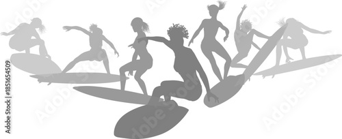 Surfer surfboard boarding female surfers surfing silhouette outlines. Women surf group design concept.