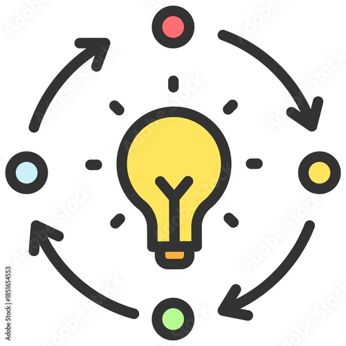 Innovative light bulb with colorful circular ideas and arrows