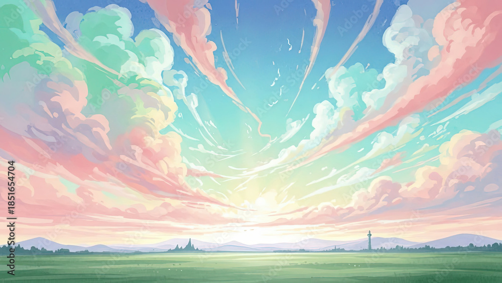 Obraz premium Anime-Style Landscape with Dreamy Pastel Clouds, Serene Green Fields, and Distant Horizon at Sunset or Sunrise