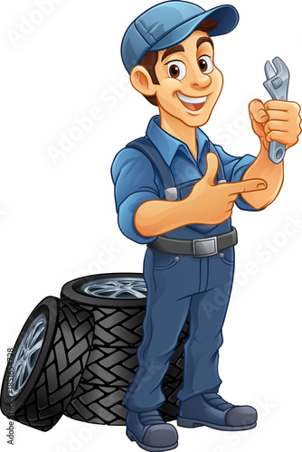 A tyre or tire cartoon car maintenance service mechanic mascot cartoon character man