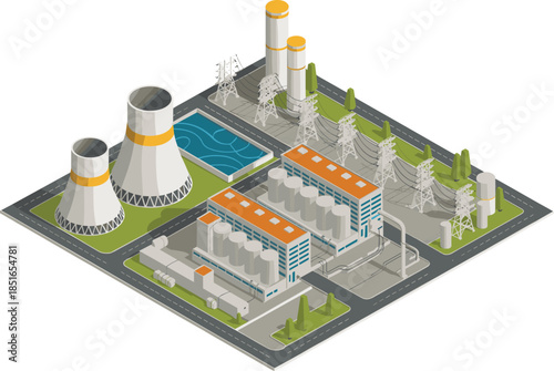 Isometric power plant illustration with cooling towers, transmission lines, industrial buildings, electricity infrastructure, energy production facility, modern utility complex