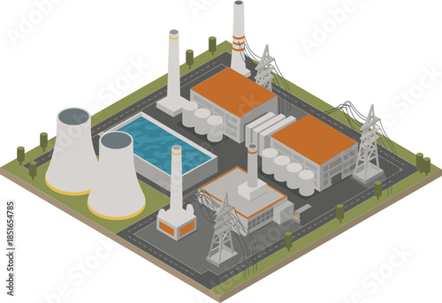 Isometric power plant illustration with cooling towers, transmission lines, industrial buildings, electricity infrastructure, energy production facility, modern utility complex