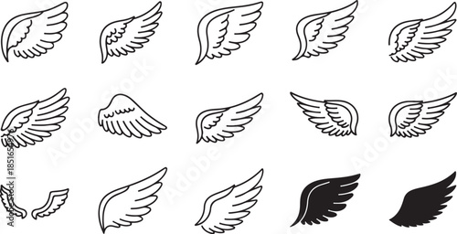 Doodle outline sketch angel wings. Angel feather wing, silhouette. Linear fly winged angels, flying heaven hand drawn doodle vector icons