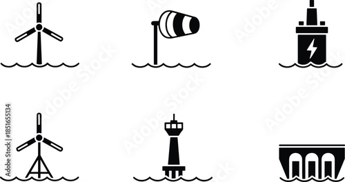 Minimalist black and white marine energy icons set showing wind, wave, tidal power structures, coastal infrastructure, renewable electricity symbols