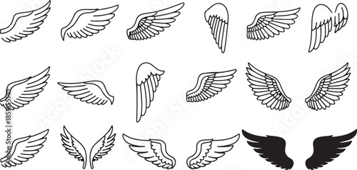 Doodle outline sketch angel wings. Angel feather wing, silhouette. Linear fly winged angels, flying heaven hand drawn doodle vector icons