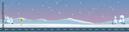 Vector flat illustration of winter asphalt road with a yellow slippery road warning sign. Snowy mountains pine trees and falling snow background. Concept for safe driving and travel in cold season.