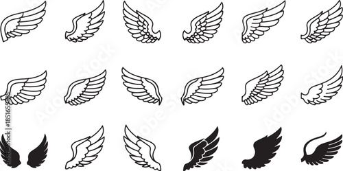 Doodle outline sketch angel wings. Angel feather wing, silhouette. Linear fly winged angels, flying heaven hand drawn doodle vector icons