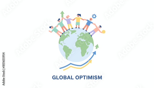Global Optimism Illustration: People Standing on Earth with Upward Arrows