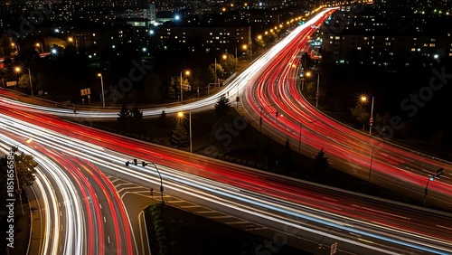 Long Exposure Photography of a Highway Interchange at Night with Streaks of Light from Moving Vehicles