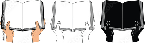 Hands holding an open book in different illustration styles.