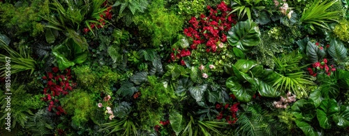 The green wall of lush tropical foliage with red blooms creating vibrant natural texture