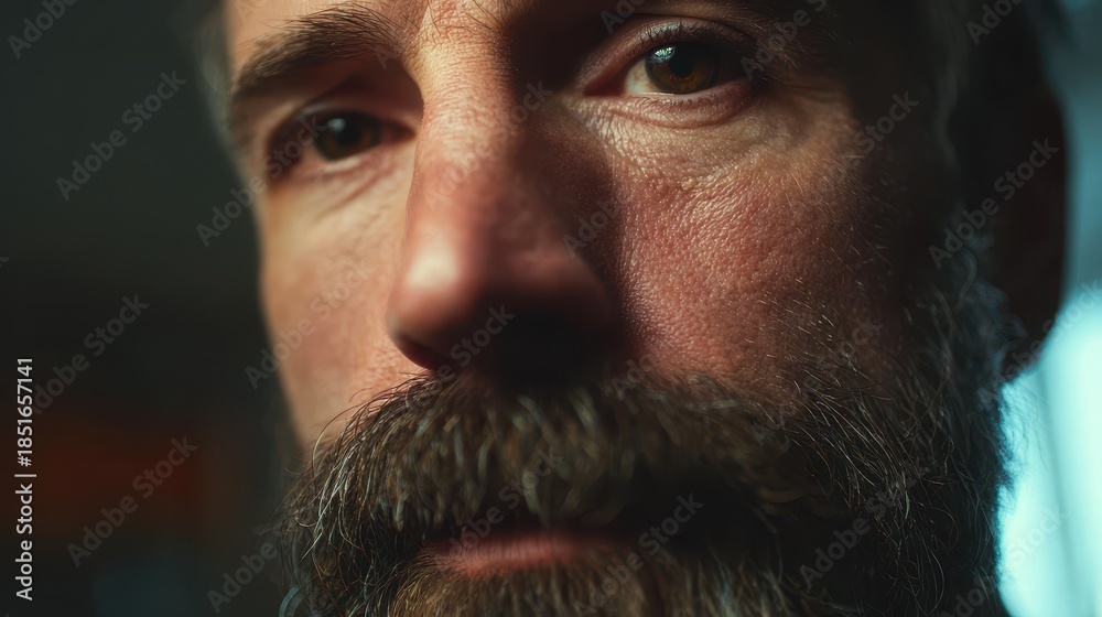 Fototapeta premium Man with a beard showing close-up details in an indoor setting during the day with soft lighting