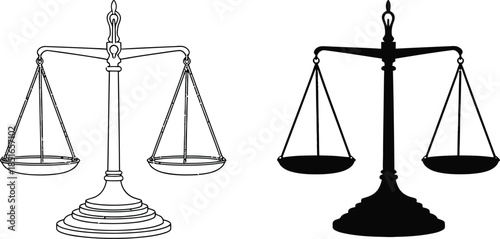 Scales of justice are depicted with both line art and silhouette styles