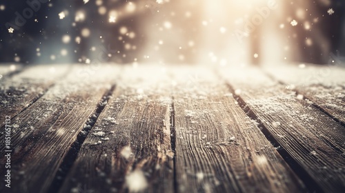 unanimity. Winter wooden surface with gentle snowfall, cold seasonal atmosphere. travel magazines, destination branding, designed for outdoor magazines and nature guides, inspires travel planning.