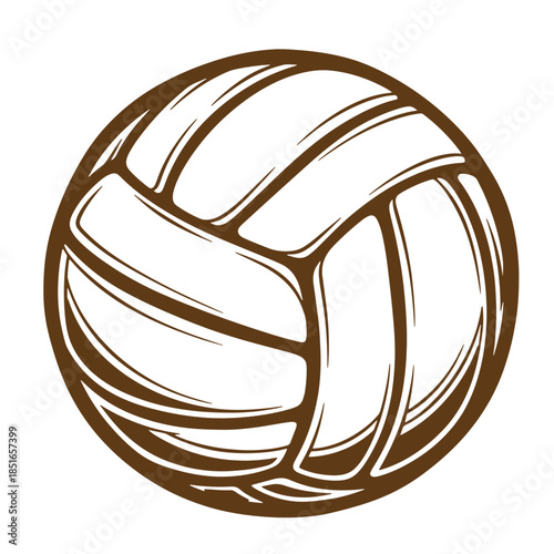 Brown and white illustration of a classic volleyball ball in sketch vintage style