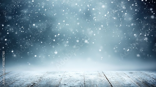 unanimity. Winter wooden surface with gentle snowfall, cold seasonal atmosphere. travel magazines, destination branding, designed for outdoor magazines and nature guides, inspires travel planning.