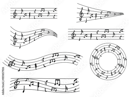 Abstract arrangements of musical notes and staves in varied flowing designs