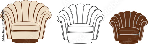 Three chairs are displayed in different styles: one colored, one line drawing, and one dark colored.