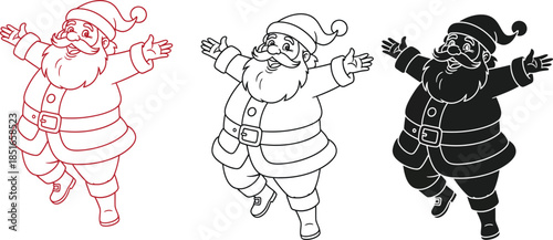 Three stylized illustrations of Santa Claus in different outline styles.