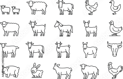 Black and white farm animals line black and white