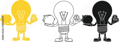 Light bulb character holds piggy bank and coin in each hand.