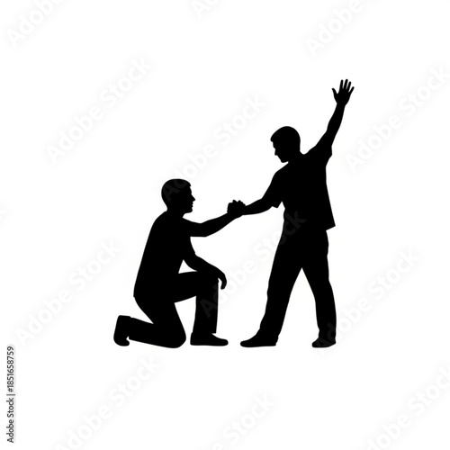Silhouette of man proposing to another man with hand raised in surprise