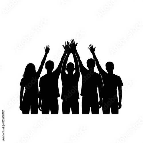Group of people with hands raised in the air in a celebratory gesture