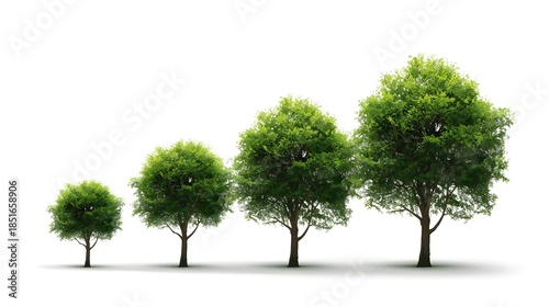 A single big green oak tree with lush foliage and a natural wood trunk stands isolated on a white background as a 3d illustration of summer nature and ecology