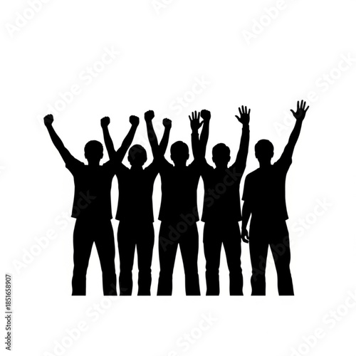 Group of people celebrating with raised hands in silhouette
