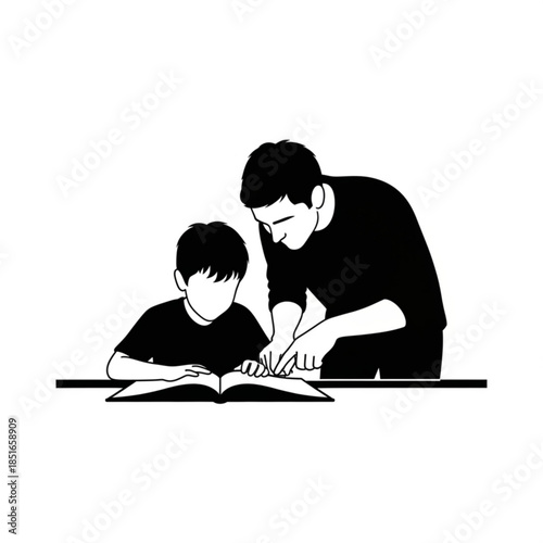 A black silhouette of a man and a boy reading a book together