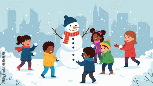 Children joyfully build a snowman and throw snowballs in a winter wonderland cityscape, embracing the magic of the season