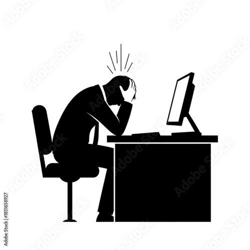 Frustrated businessman sitting at desk with head in hands feeling stressed