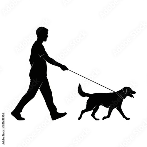 Man walking dog on leash in silhouette