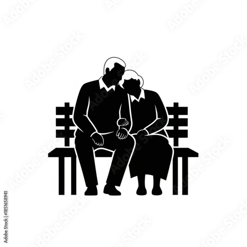 Black silhouette of an elderly couple sitting on a bench together