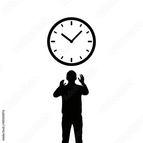 Man in silhouette with hands up under a large clock