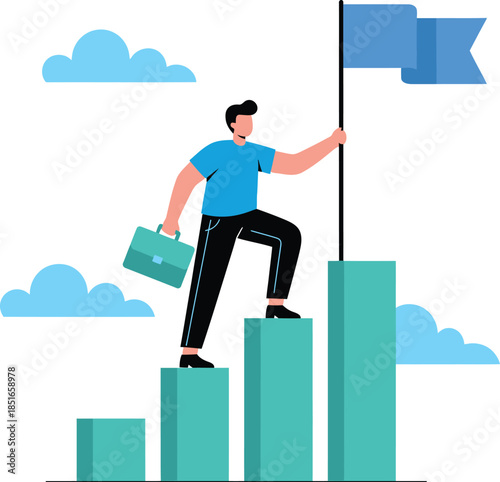 Reaching the Summit: A determined figure ascends a staircase, signifying ambition and the pursuit of dreams, with a flag atop.