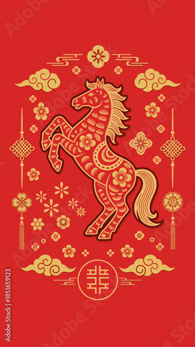Festive Red Horse with Golden Ornaments, Lanterns, and Auspicious Symbols for Chinese New Year