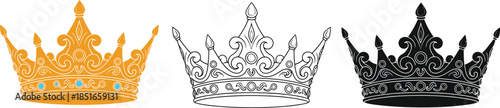 Three crowns are displayed in different styles and colors: gold, outline, and black.