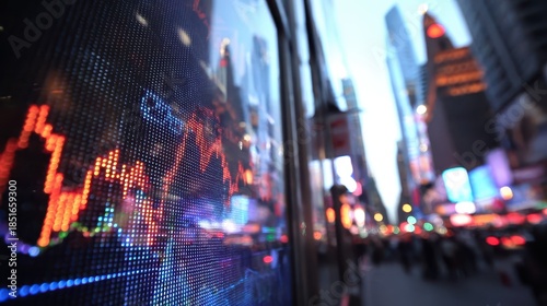 Market trends display in Times Square during evening hours with busy streets and tall buildings in the background