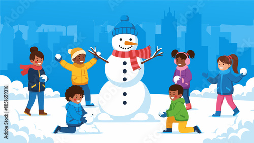 Children happily building a snowman in a snowy urban park during winter, with a large snowman centerpiece and city skyline in the background