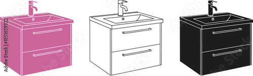 Three bathroom vanity units are shown in pink, white, and black.