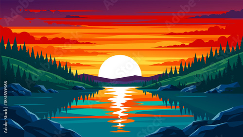 Vibrant Sunset Over a Serene Lake Reflecting the Fiery Sky Amidst Lush Pine Forests and Rocky Shores