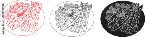 A plate of asparagus is depicted in three different artistic styles.