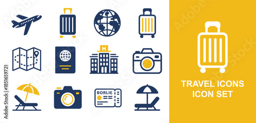 Travel icons and symbols for planning vacations and trips