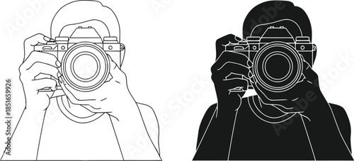 A person holds a camera to take a photograph, shown in outline and silhouette.
