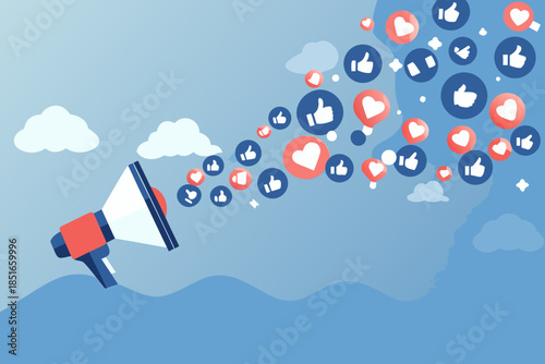 Social media marketing concept with a megaphone broadcasting likes and hearts