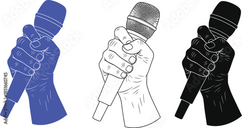 A hand holds a microphone in three different styles: blue, outline, and black.